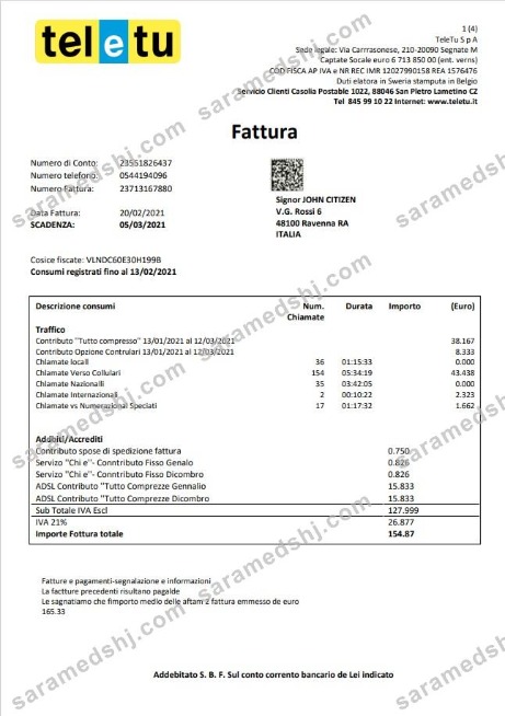 Italy TeleTu utility bill template in Word and PDF format